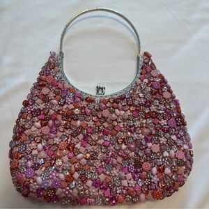 Pink Floral Beaded Clutch with Silver Metal Ring Top Handle & Kiss Clasp